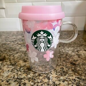 Starbucks Floral Glass Mug with Pink Top